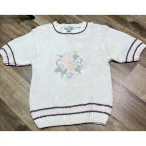 Vintage 90s Petite Illustrations Floral Knit Sweater Short Sleeve Cottagecore Cr